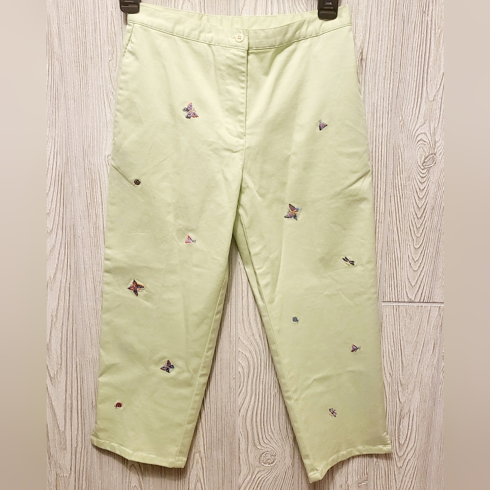 NWT TALBOTS KIDS Girls Cropped Pants Sz 10 Green Embroidered Butterfly Ladybug